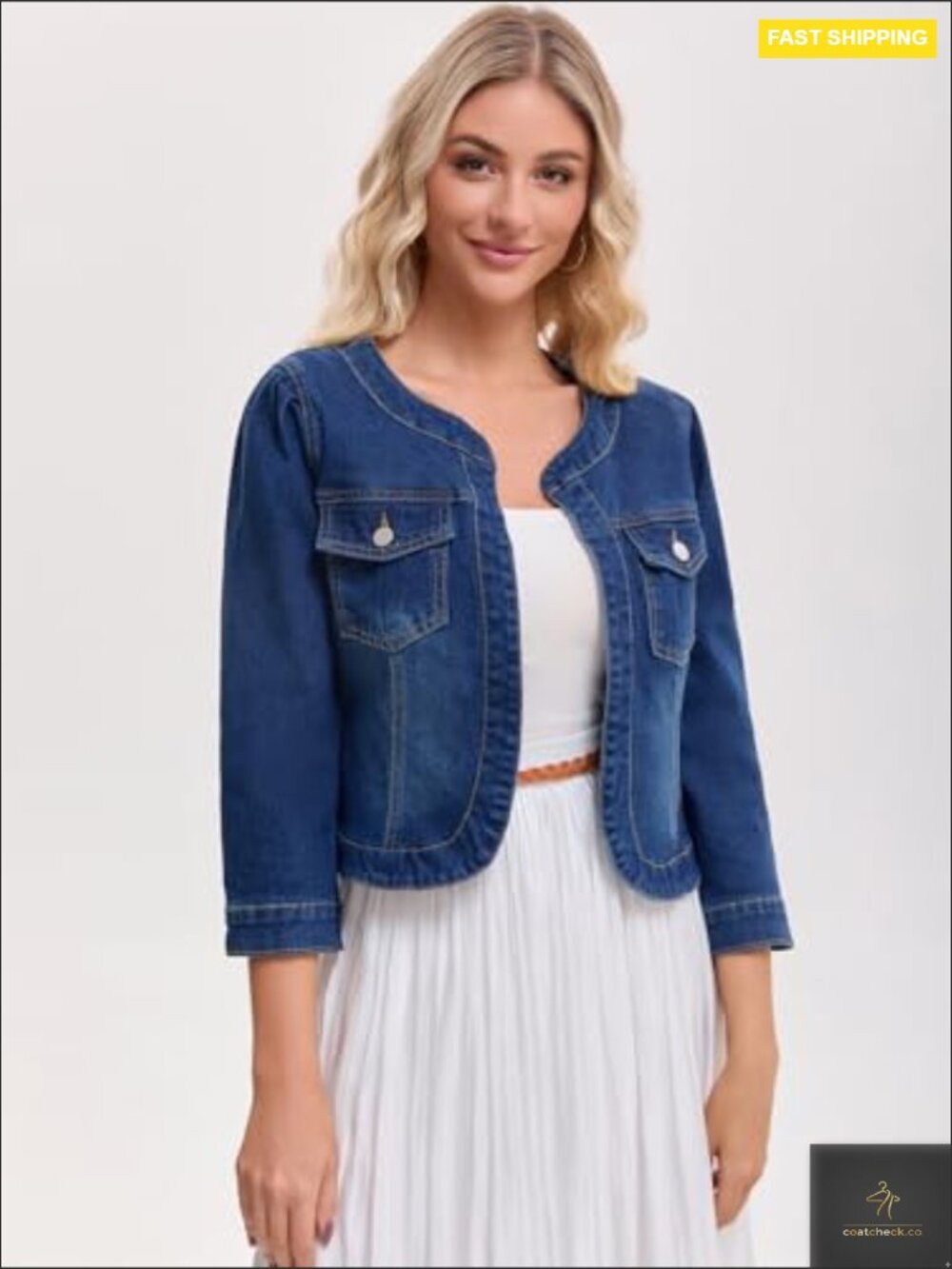 Collarless Denim Jacket Cardigan 3/4 Sleeve Button Front Casual Chic Jean Coat - Picture 2 of 6